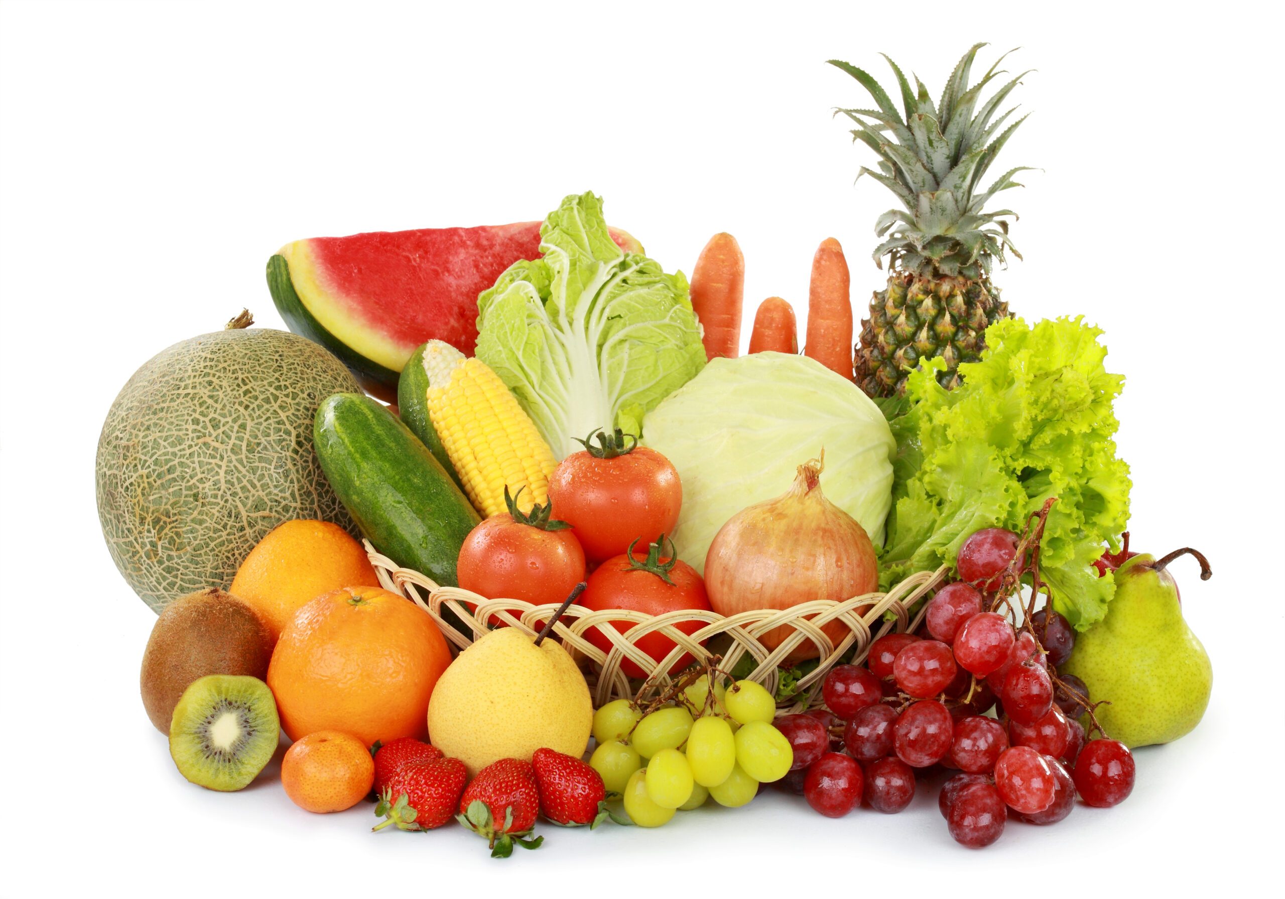 set of fresh fruits and vegetables with basket isolated on white background